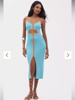 NWT - Siempre - Blue Ribbed Midi Dress with Orange Trim